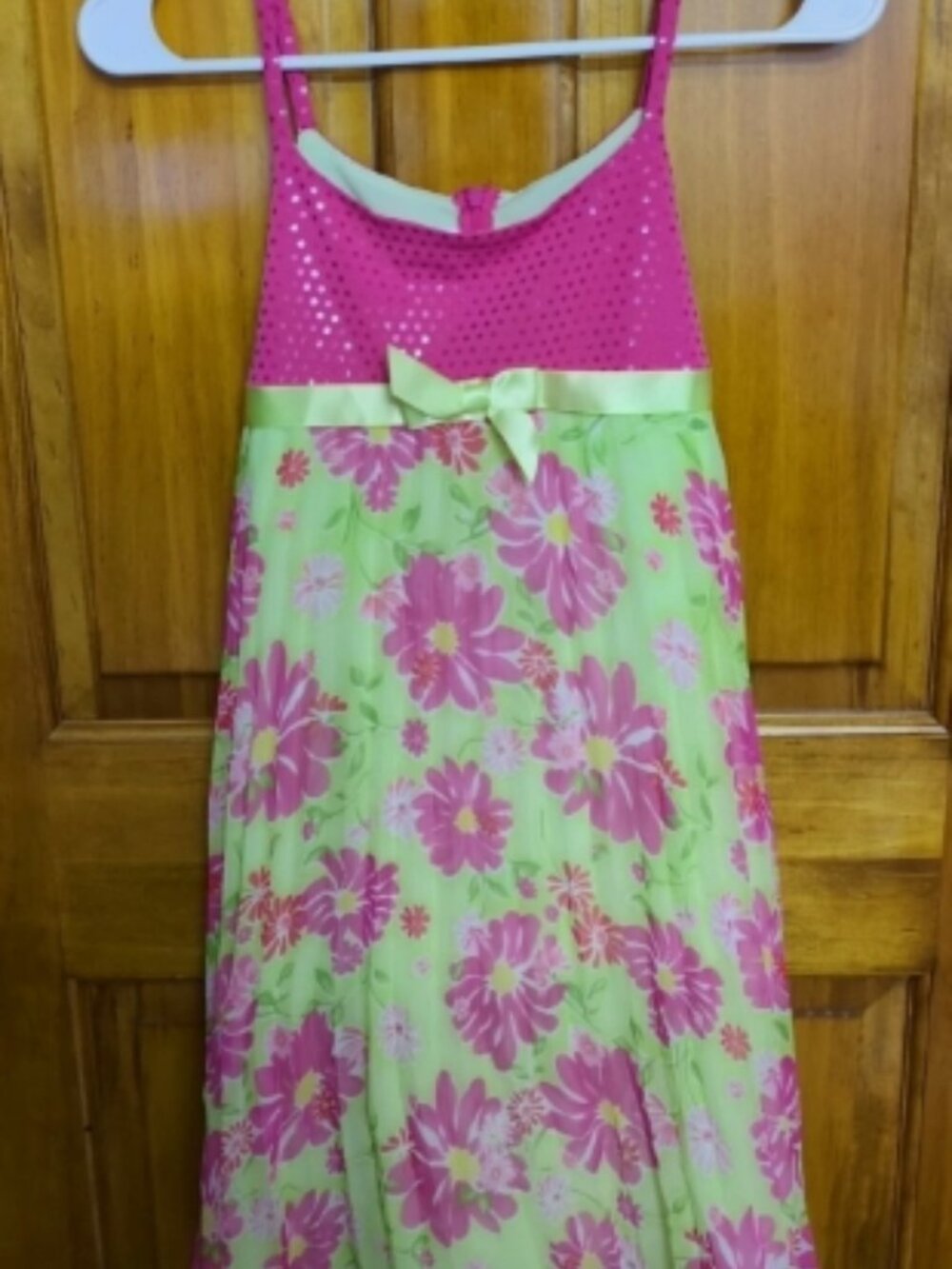 Bonnie Jean Dress Girls Sz 14 Pink/Green Flowered Lined With Front Bow